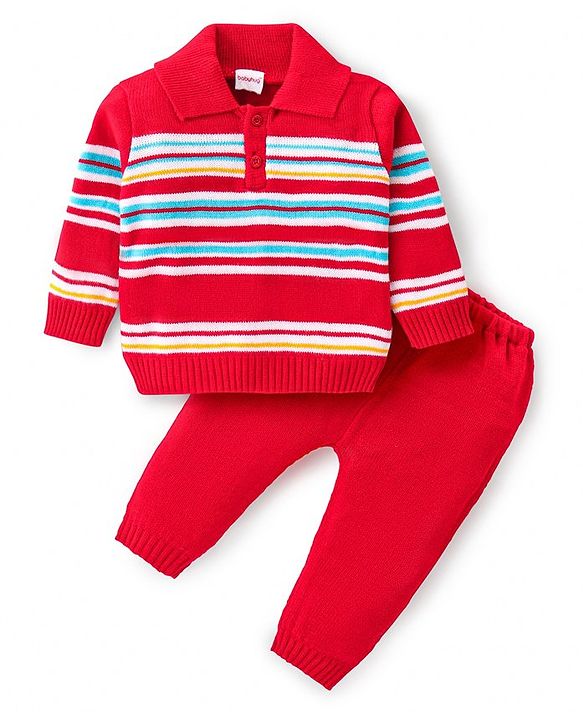 Babyhug Knitted Full Sleeves Collar Neck Sweater Set With Stripes Design - Red