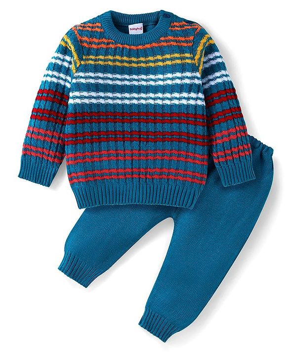 Babyhug Knitted Full Sleeves Striped Pullover Sweater - Royal Blue & Red