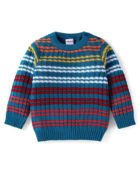 Babyhug Knitted Full Sleeves Striped Pullover Sweater - Royal Blue & Red
