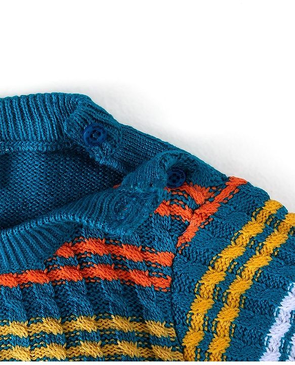 Babyhug Knitted Full Sleeves Striped Pullover Sweater - Royal Blue & Red