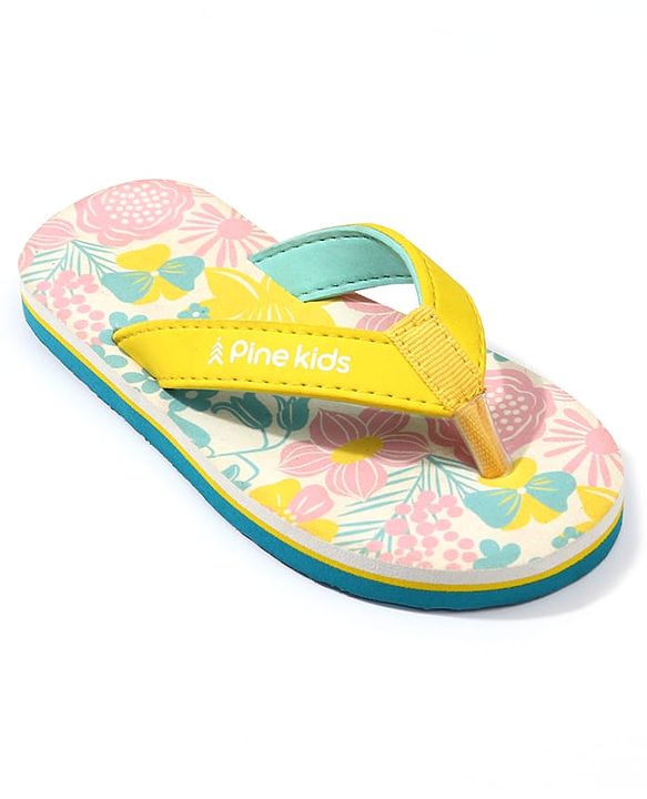 Pine Kids Slip On Flip Flops with Floral Print - Pink White & Yellow