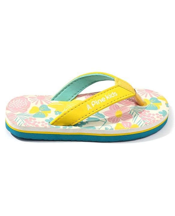 Pine Kids Slip On Flip Flops with Floral Print - Pink White & Yellow