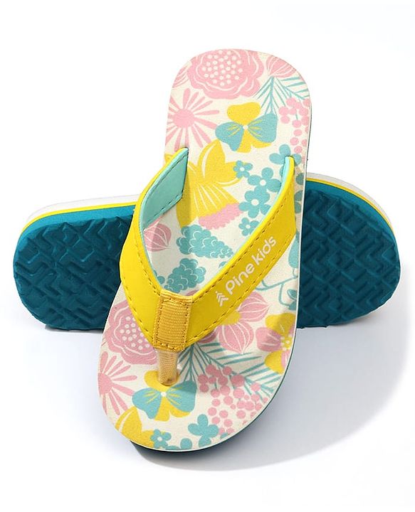 Pine Kids Slip On Flip Flops with Floral Print - Pink White & Yellow