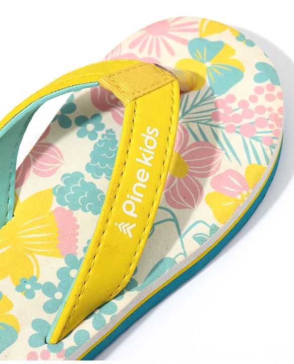 Pine Kids Slip On Flip Flops with Floral Print - Pink White & Yellow