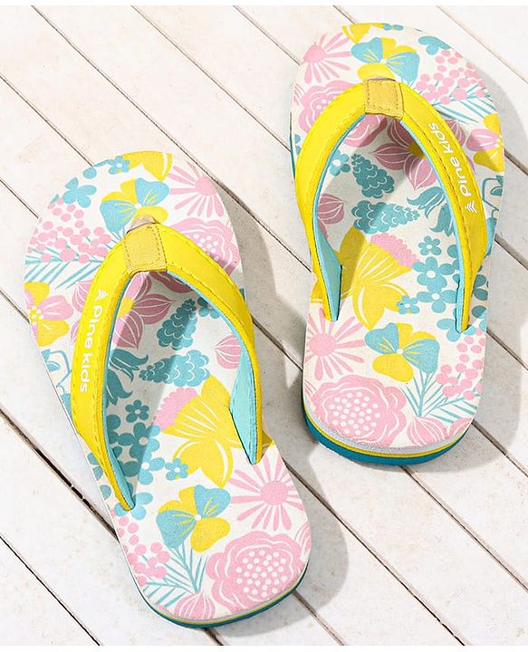 Pine Kids Slip On Flip Flops with Floral Print - Pink White & Yellow