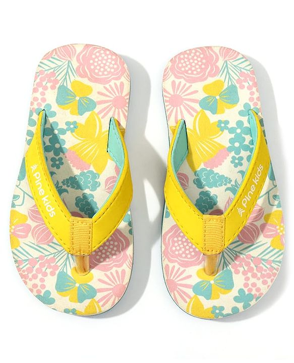 Pine Kids Slip On Flip Flops with Floral Print - Pink White & Yellow