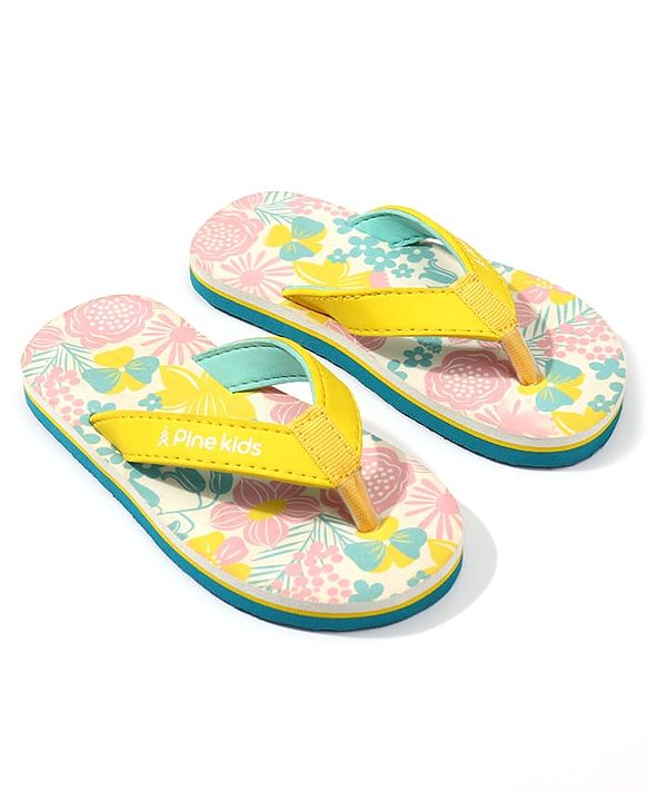 Pine Kids Slip On Flip Flops with Floral Print - Pink White & Yellow