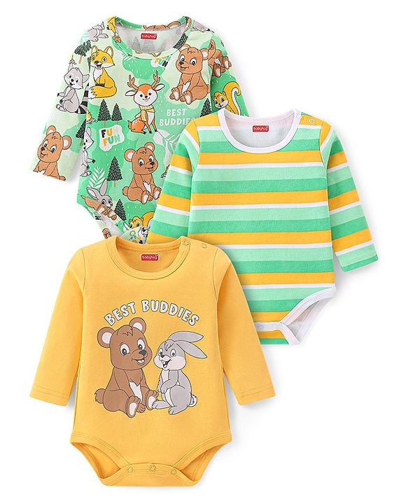 Babyhug 100% Cotton Knit Full Sleeves Onesies with Striped & Animal Print Pack of 3 - Yellow & Green