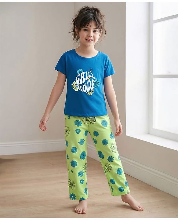 Pine Kids Single Jersey Knit Half Sleeves Floral & Text Printed Night Suit - Blue & Green