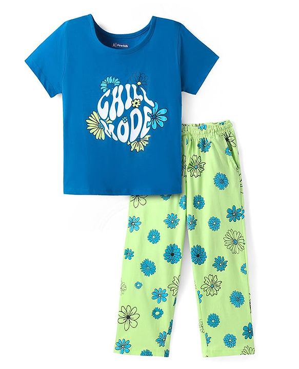 Pine Kids Single Jersey Knit Half Sleeves Floral & Text Printed Night Suit - Blue & Green