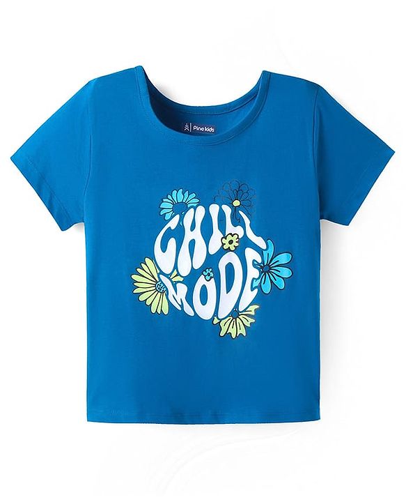 Pine Kids Single Jersey Knit Half Sleeves Floral & Text Printed Night Suit - Blue & Green