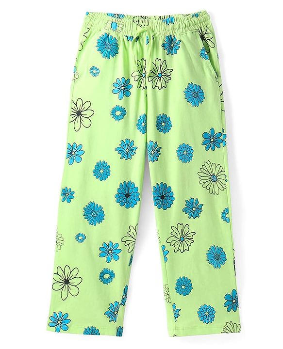Pine Kids Single Jersey Knit Half Sleeves Floral & Text Printed Night Suit - Blue & Green