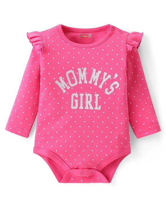 Babyhug 100 % Cotton Knit Full Sleeves Onesie with Polka Dots & Text Print - Pink