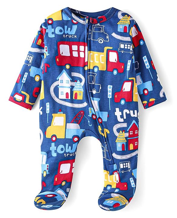 Babyhug Cotton Knit Full Sleeves Footed Sleep Suit With Vehicle Print - Blue