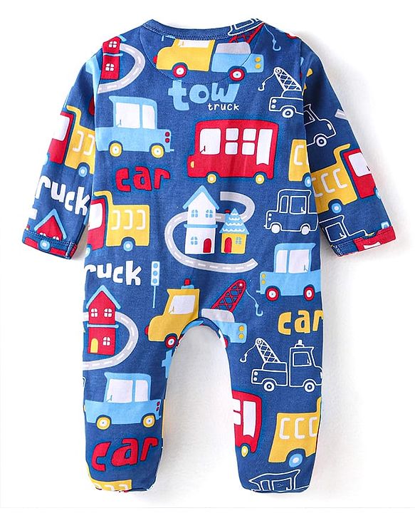 Babyhug Cotton Knit Full Sleeves Footed Sleep Suit With Vehicle Print - Blue