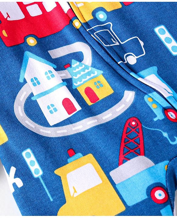 Babyhug Cotton Knit Full Sleeves Footed Sleep Suit With Vehicle Print - Blue
