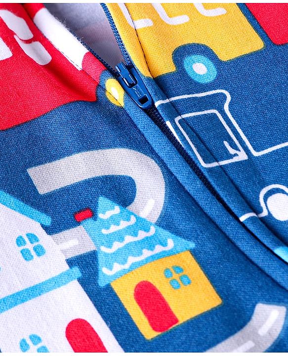 Babyhug Cotton Knit Full Sleeves Footed Sleep Suit With Vehicle Print - Blue