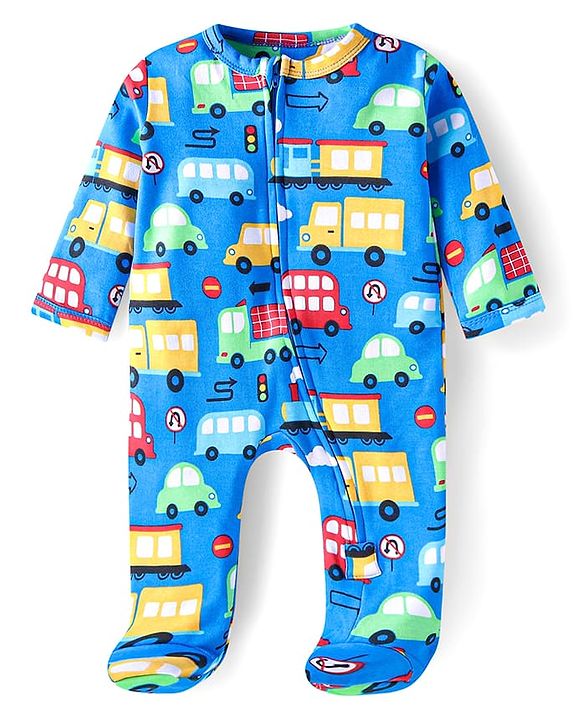 Babyhug Cotton Knit Full Sleeves Footed Sleep Suit With Vehicle Print - Blue