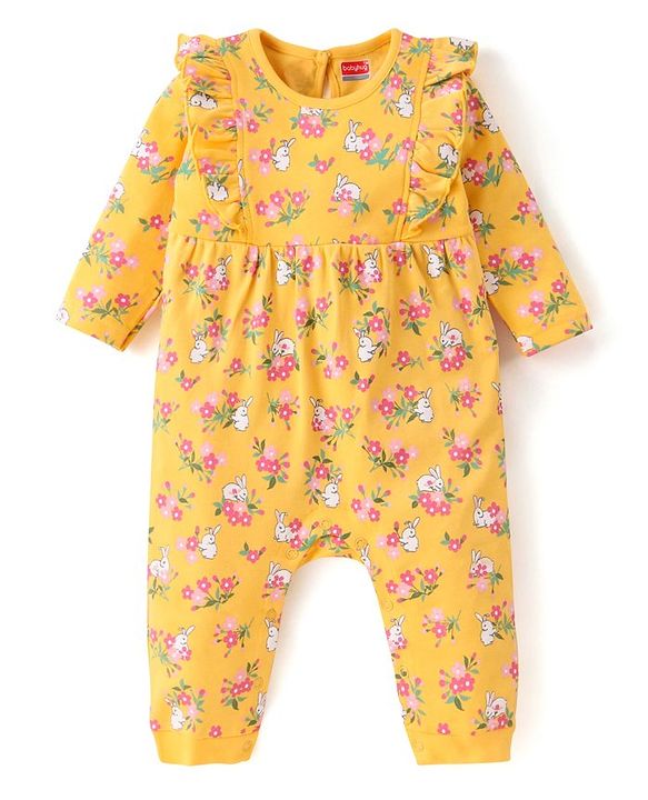Babyhug 100 % Cotton Full Sleeves Romper with Hairband Booties Frill Detailing & Floral Print - Yellow