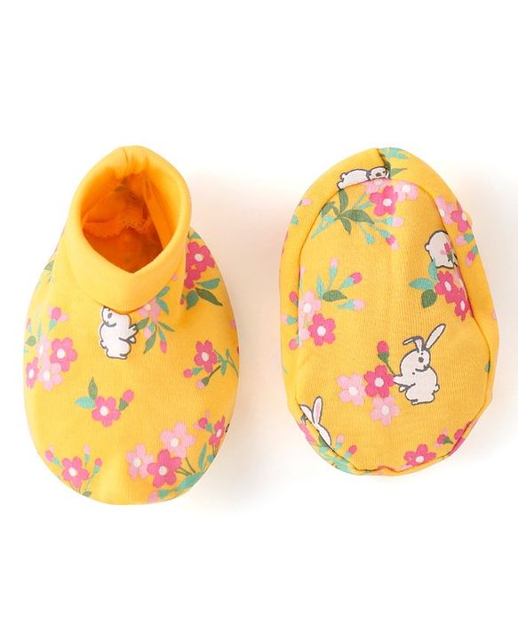 Babyhug 100 % Cotton Full Sleeves Romper with Hairband Booties Frill Detailing & Floral Print - Yellow