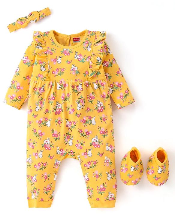 Babyhug 100 % Cotton Full Sleeves Romper with Hairband Booties Frill Detailing & Floral Print - Yellow