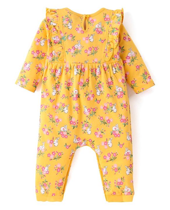 Babyhug 100 % Cotton Full Sleeves Romper with Hairband Booties Frill Detailing & Floral Print - Yellow
