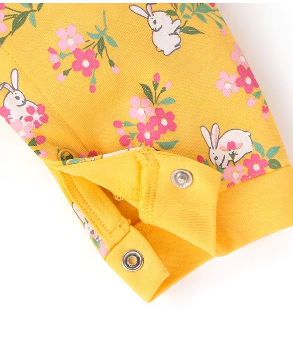 Babyhug 100 % Cotton Full Sleeves Romper with Hairband Booties Frill Detailing & Floral Print - Yellow