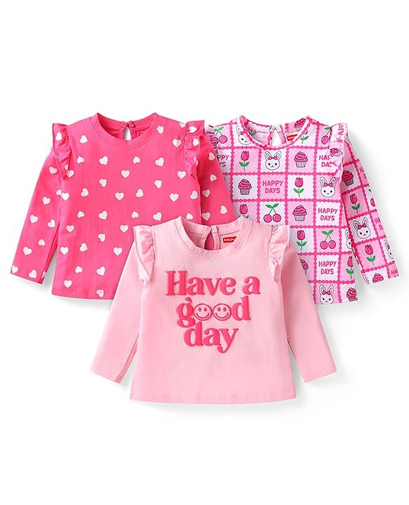 Babyhug Cotton Knit Full Sleeves Hearts & Text Graphics T-Shirts with Frill Detailing Pack of 3 - Dark Pink