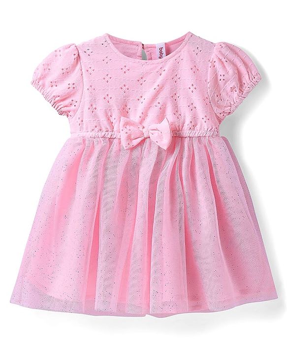 Babyhug Mesh Woven Half Puffed Sleeves Glitter Printed Frock with Bow Applique - Pink
