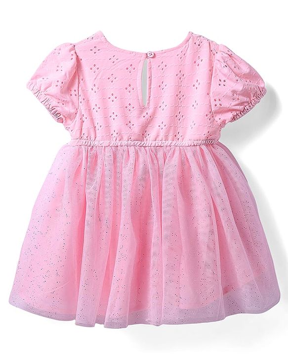 Babyhug Mesh Woven Half Puffed Sleeves Glitter Printed Frock with Bow Applique - Pink