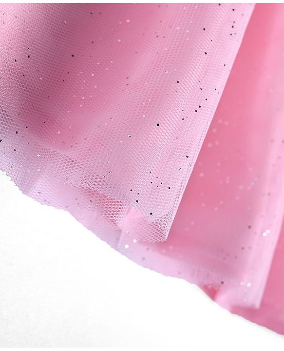 Babyhug Mesh Woven Half Puffed Sleeves Glitter Printed Frock with Bow Applique - Pink