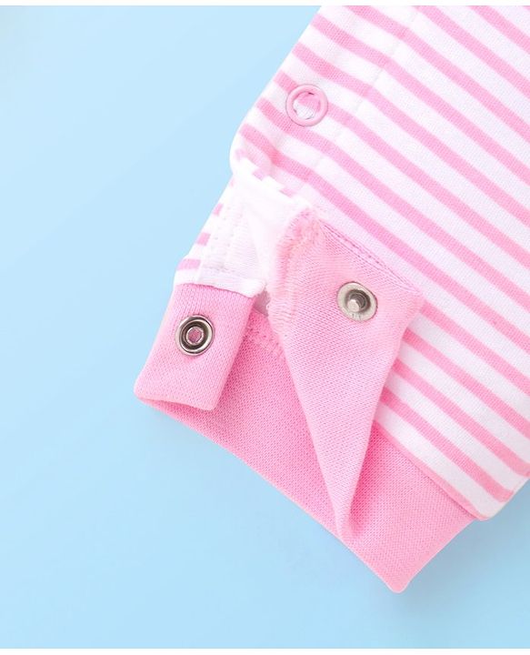 Babyhug 100 % Cotton Full Sleeves Striped Romper with Hairband Booties Frill Detailing & Text Print - Pink
