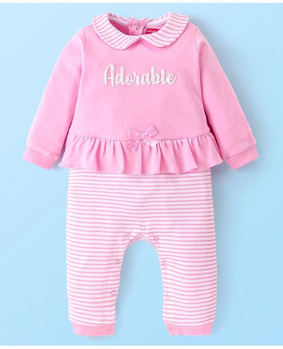 Babyhug 100 % Cotton Full Sleeves Striped Romper with Hairband Booties Frill Detailing & Text Print - Pink