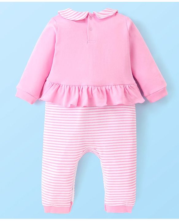 Babyhug 100 % Cotton Full Sleeves Striped Romper with Hairband Booties Frill Detailing & Text Print - Pink