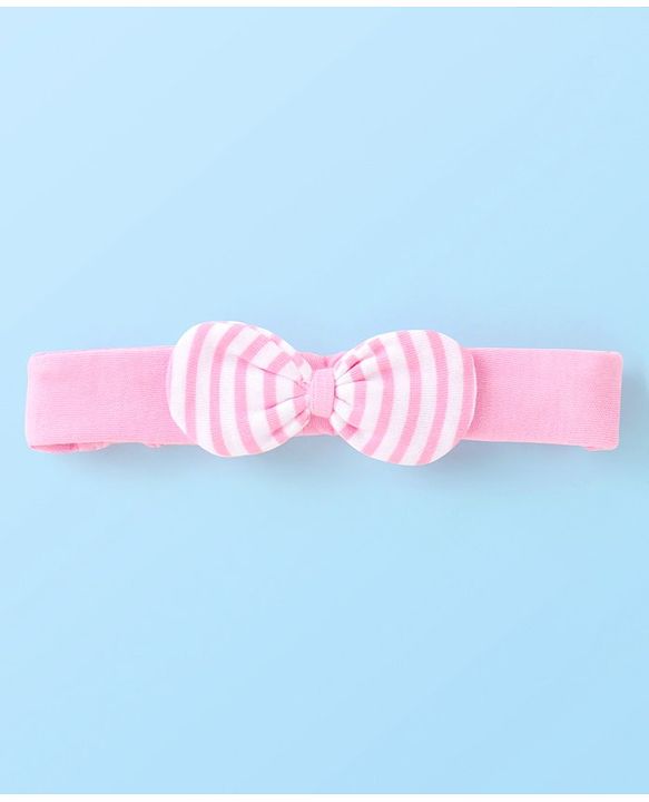 Babyhug 100 % Cotton Full Sleeves Striped Romper with Hairband Booties Frill Detailing & Text Print - Pink