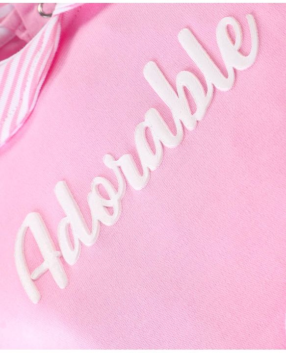 Babyhug 100 % Cotton Full Sleeves Striped Romper with Hairband Booties Frill Detailing & Text Print - Pink