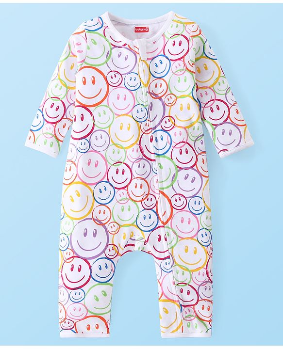 Babyhug 100% Cotton Full Sleeves Romper Smiley Print - Multicolour