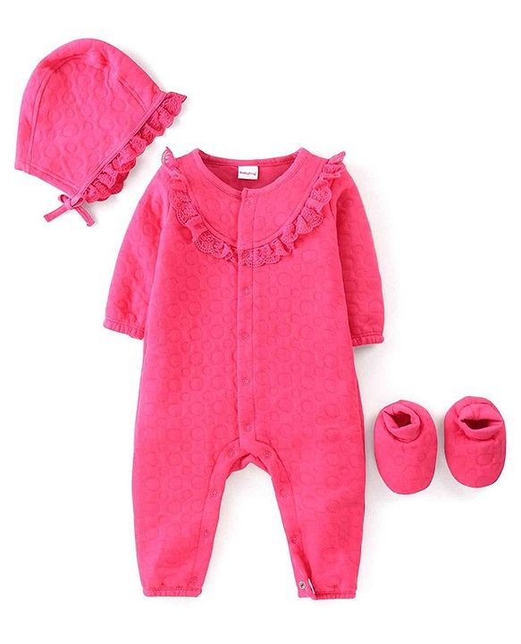 Babyhug Winter Polyfill Full Sleeves Romper with Cap & Booties Frill Detailing - Pink