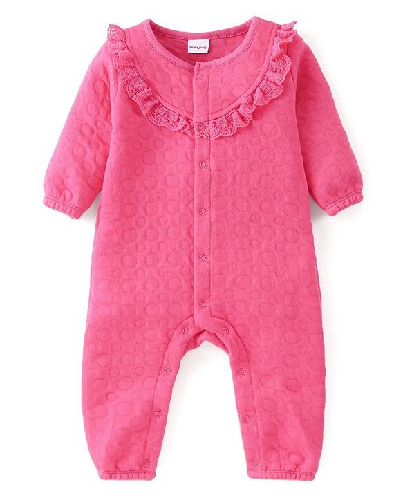 Babyhug Winter Polyfill Full Sleeves Romper with Cap & Booties Frill Detailing - Pink