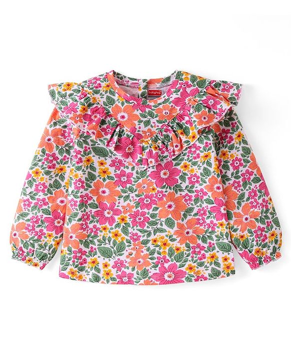 Babyhug Cotton Knit Full Sleeves Top Florl Print & Frill Detailing - White  Pink & Green