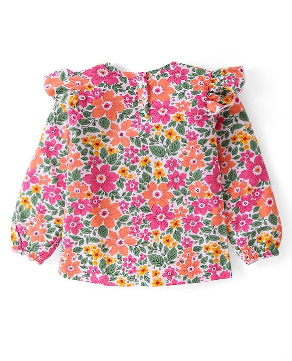 Babyhug Cotton Knit Full Sleeves Top Florl Print & Frill Detailing - White  Pink & Green