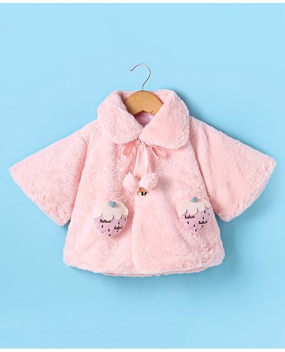 Babyhug Fur Woven Half Sleeves Winter Jacket with Strawberry Applique - Baby Pink
