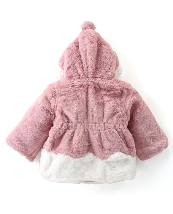 Babyhug Full Sleeves Fur Hooded Winter Jacket with Pom Pom - Light Pink