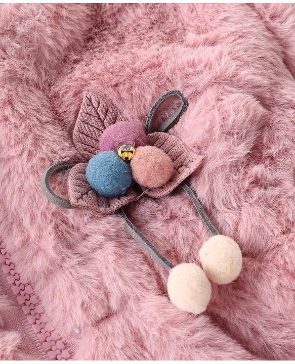 Babyhug Full Sleeves Fur Hooded Winter Jacket with Pom Pom - Light Pink