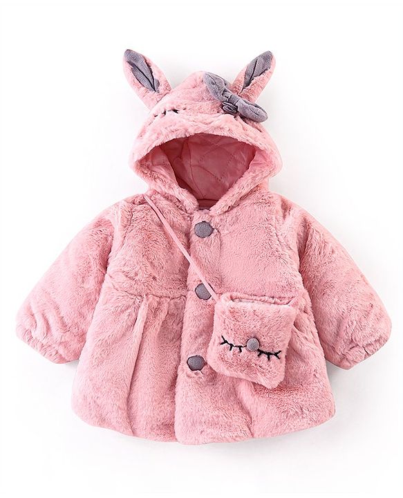 Babyhug Fur Woven Full Sleeves Hooded Winter Jacket with Ears Applique & Sling Bag - Pink
