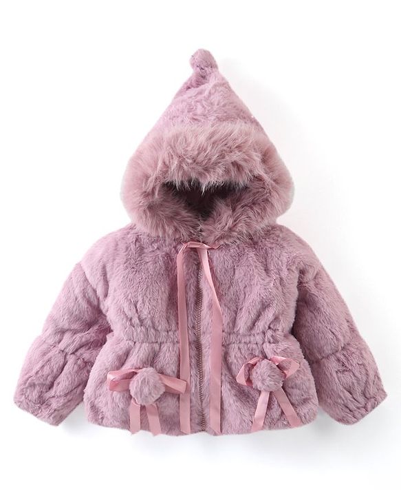 Babyhug Full Sleeves Fur Hooded Winter Jacket with Ribbons - Pink