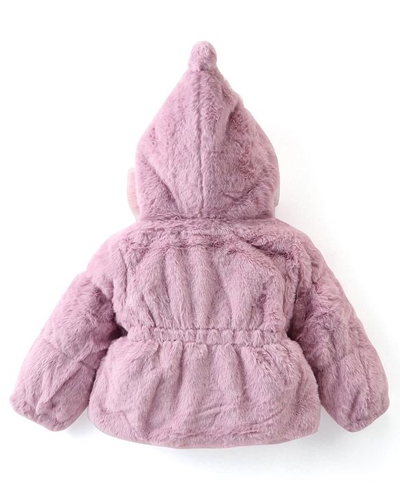Babyhug Full Sleeves Fur Hooded Winter Jacket with Ribbons - Pink