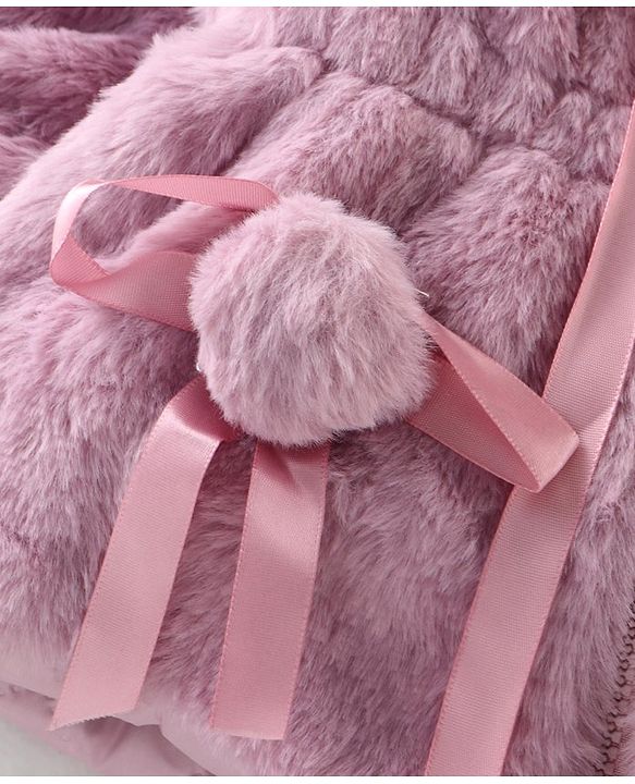 Babyhug Full Sleeves Fur Hooded Winter Jacket with Ribbons - Pink