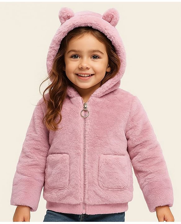 Babyhug Full Sleeves Fur Hooded Winter Jacket with Ears Applique - Light Pink
