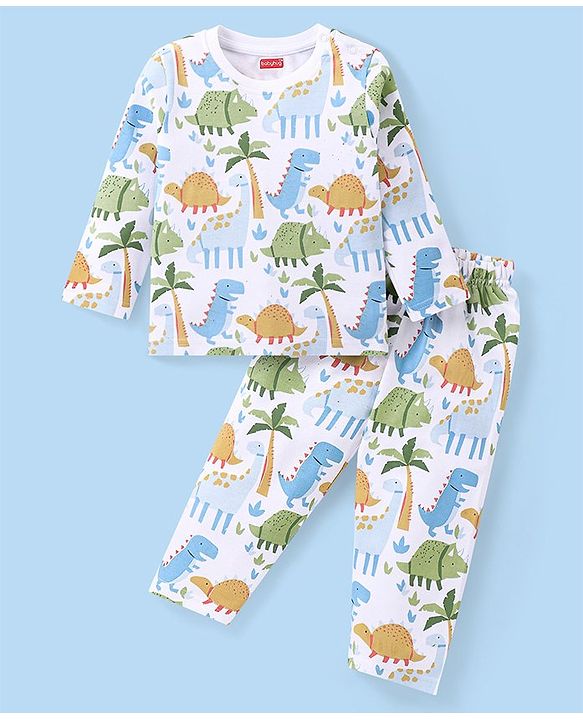 Babyhug Cotton Knit Full Sleeves  Night Suit Dino Print - White